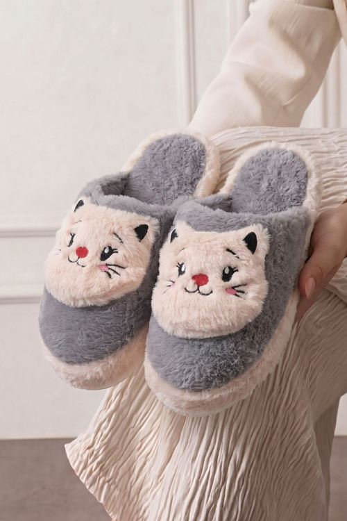 Jeydi Gri Pudra Kedi Figürlü Peluş Kışlık Kadın Ev Terliği