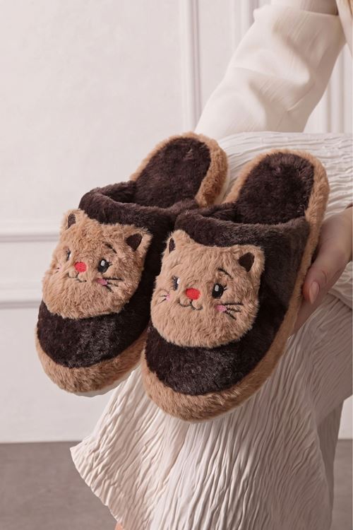 Jeydi Kahverengi Vizon Kedi Figürlü Peluş Kışlık Kadın Ev Terliği