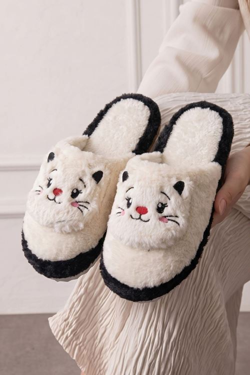 Jeydi Beyaz Siyah Kedi Figürlü Peluş Kışlık Kadın Ev Terliği