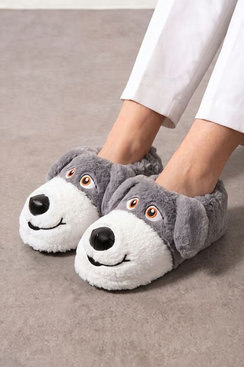 Pochi Gri Köpek Figürlü Panduf Peluş Kadın Ev Terliği