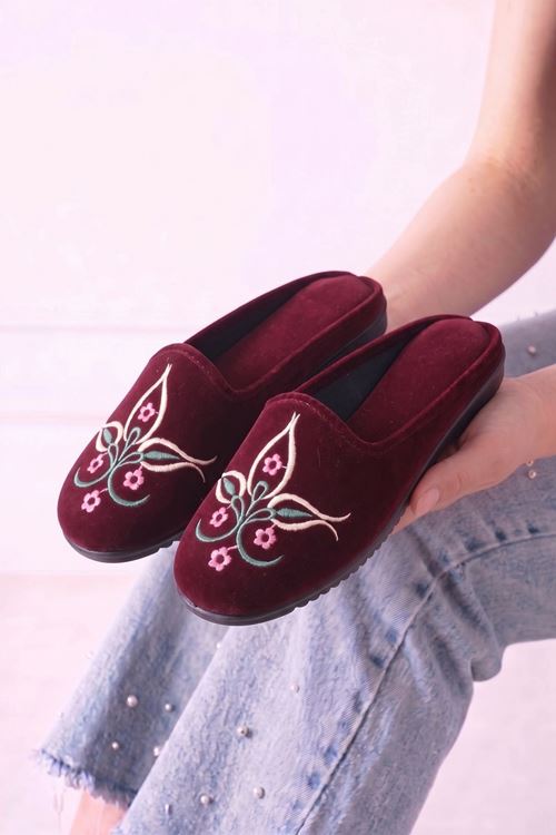 Bota Bordo Nakışlı Kadife Dokulu Gondol Kalıp Kadın Ev Terliği