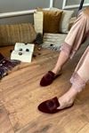 Mayer Bordo Yuvarlak  Taş Detaylı Tüylü Önü Kapalı Elegant Ev Terliği   
