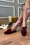 Mayer Bordo Yuvarlak  Taş Detaylı Tüylü Önü Kapalı Elegant Ev Terliği   