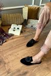 Mayer Siyah  Yuvarlak Taş Detaylı Tüylü  Önü Kapalı Elegant Ev Terliği   