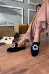 Babel Lacivert Kristal Yuvarlak Taş İşlemeli Önü Kapalı Elegant  Ev Terliği  