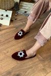 Babel Bordo Kristal Yuvarlak Taş İşlemeli Önü Kapalı Elegant Ev Terliği  