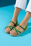 Bolonya Yeşil Çapraz  Hasır Kemerli  Sandalet
