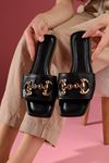 Berry Siyah Gold Tokalı Geniş Kemerli  Terlik    
