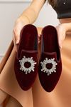 Babel Bordo Kristal Yuvarlak Taş İşlemeli Önü Kapalı Elegant Ev Terliği  