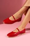 Ruby Kırmızı Kroko Desenli Lastik Bantlı Babet  