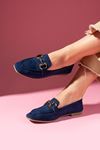 Arven Lacivert Süet Saraçlı Gold Tokalı Loafer Babet