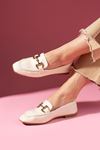 Arven Bej Cilt Saraçlı Gold Tokalı Loafer Babet