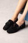 Ravello Siyah Süet Boncuk Detaylı Püsküllü Bağcıklı Loafer Babet Günlük Ayakkabı