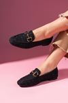 Alita Siyah Simli Kumaş Saraçlı Gold Tokalı Loafer Babet