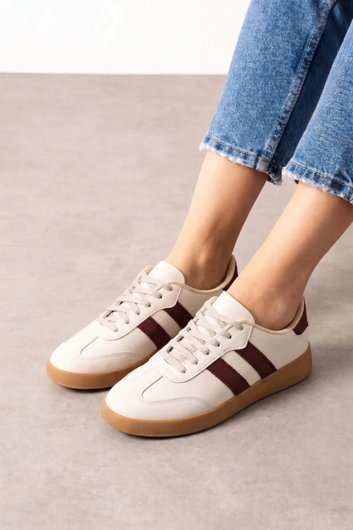 Fortuna Bej Kahverengi Şeritli Bağcıklı Spor Sneaker Ayakkabı