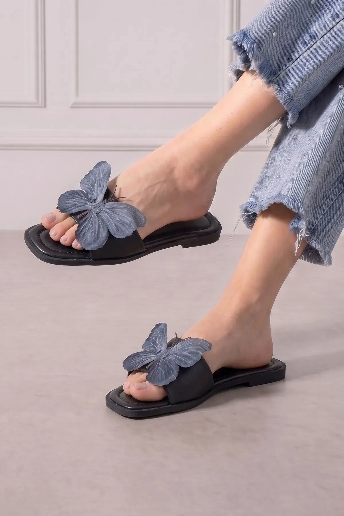 Papillon Siyah Antrasit Kumaş Kelebek Detaylı Terlik