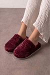 Plampi Bordo Çizgi Detaylı Peluş Kadın Kışlık Ev Terliği