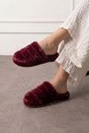 Plampi Bordo Çizgi Detaylı Peluş Kadın Kışlık Ev Terliği