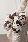 Moofy Kahverengi Benekli Beyaz Peluş Kadın Kışlık Ev Terliği