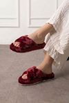 Krossa Bordo Çapraz Bantlı Peluş Kadın Kışlık Ev Terliği