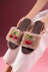 Gummy Vizon Kiraz Ponpon Aksesuarlı Peluş Kadın Ev Terliği