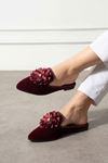 Peoni Bordo Çiçek Aksesuarlı Kadife Dokulu Elegant Nişan Çeyiz Bohça Misafir Ev Terliği