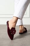 Peoni Bordo Çiçek Aksesuarlı Kadife Dokulu Elegant Nişan Çeyiz Bohça Misafir Ev Terliği