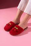 Cerise Kırmızı Kiraz Ponpon Aksesuarlı Peluş Kadın Ev Terliği