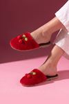 Cerise Kırmızı Kiraz Ponpon Aksesuarlı Peluş Kadın Ev Terliği